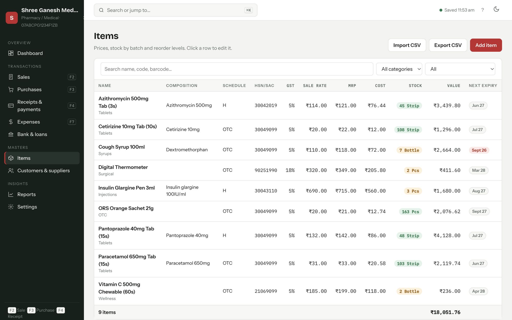 The items list with stock, rates and alerts